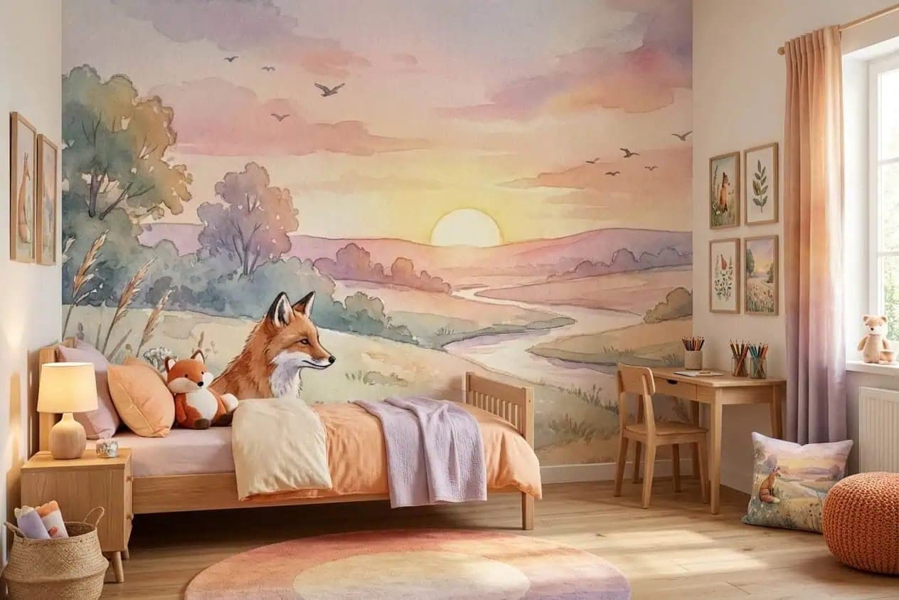 naadloos sprookjesachtige vos pastel landschap bij zonsopgang behang op maat