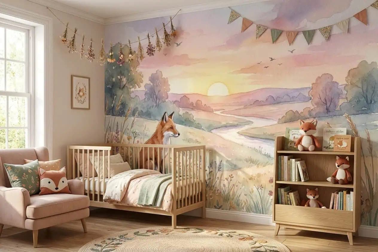 sprookjesachtige vos pastel landschap bij zonsopgang behang — naadloos op maat geprint