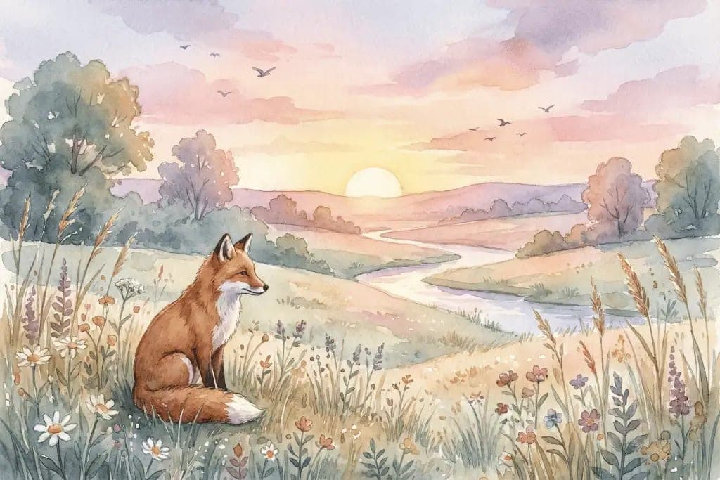 Fotobehang Sprookjesachtige Vos in Pastel Landschap bij Zonsopgang