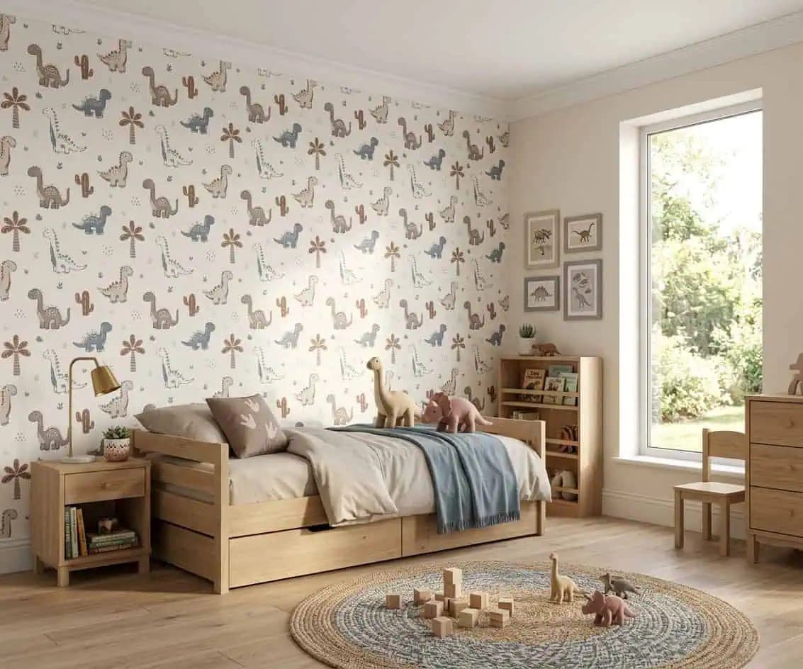 dino’s zachte blauw en taupe op crème achtergrond behang op maat in beige