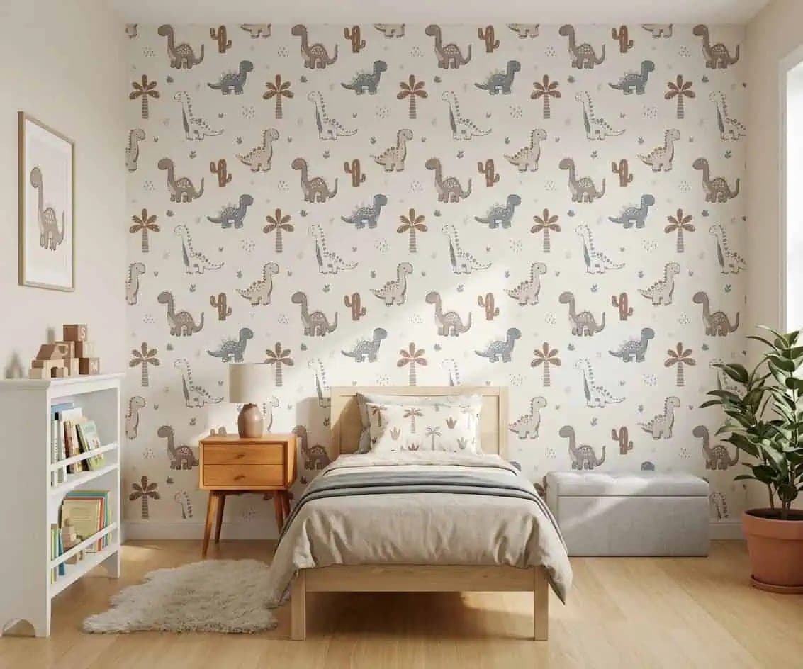 naadloos dino’s zachte blauw en taupe op crème achtergrond behang op maat