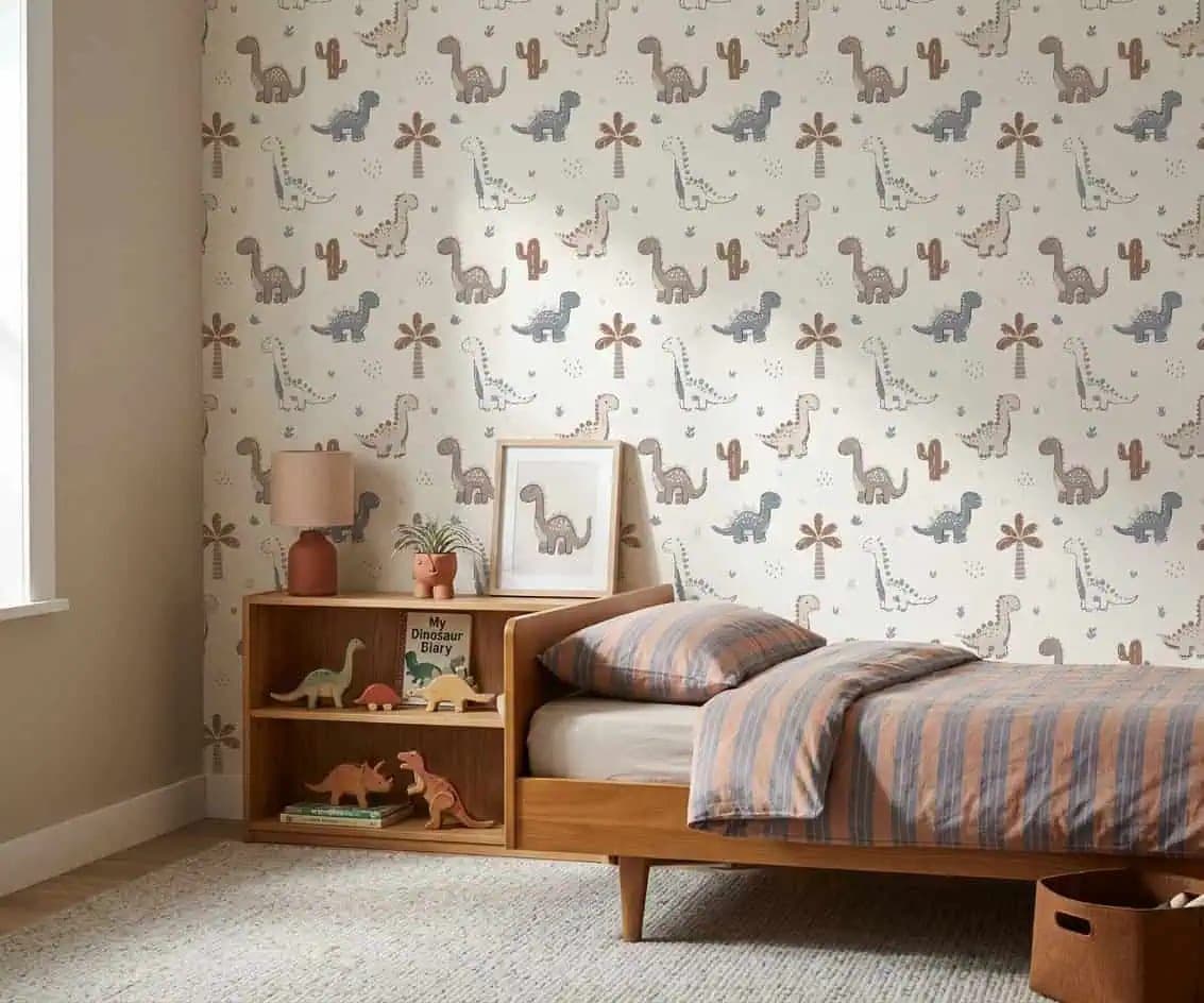 dino’s zachte blauw en taupe op crème achtergrond behang in beige — naadloos op maat geprint