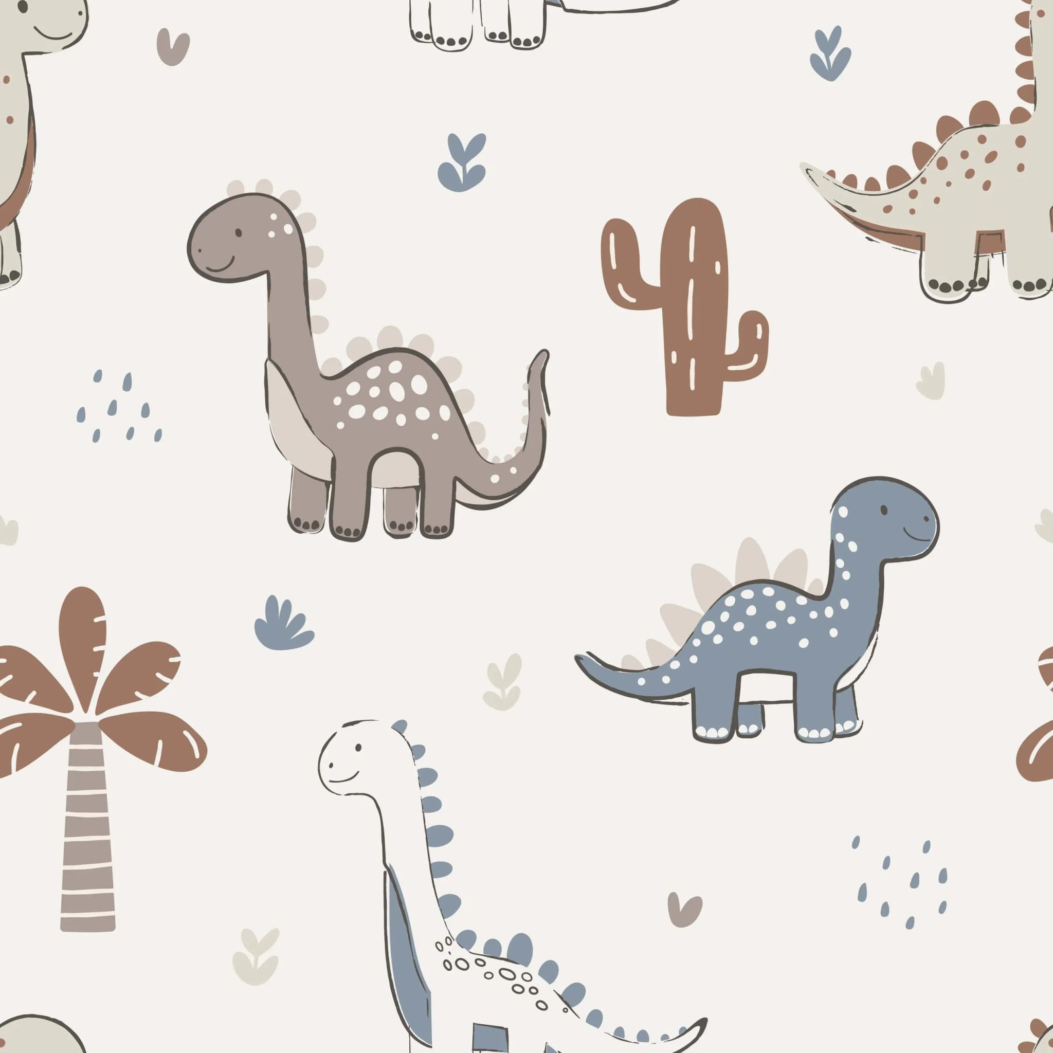 Behang met Dino’s in Zachte Blauw en Taupe op Crème Achtergrond