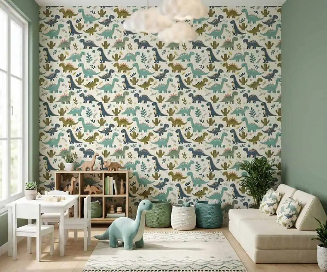 dino groen, blauw en mosterd op crème achtergrond behang op maat in beige