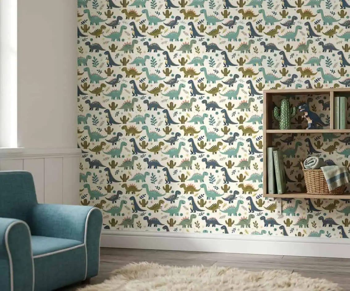naadloos dino groen, blauw en mosterd op crème achtergrond behang op maat