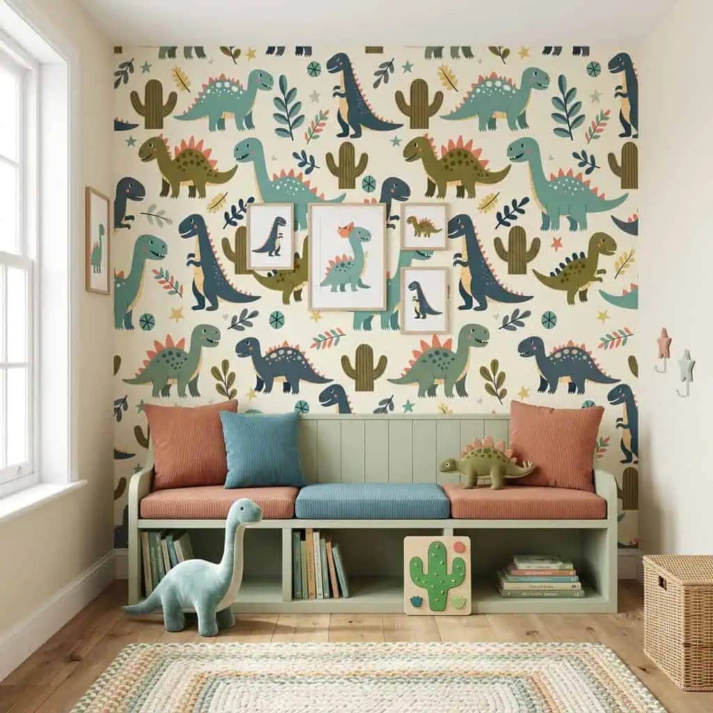 dino groen, blauw en mosterd op crème achtergrond behang in beige — naadloos op maat geprint