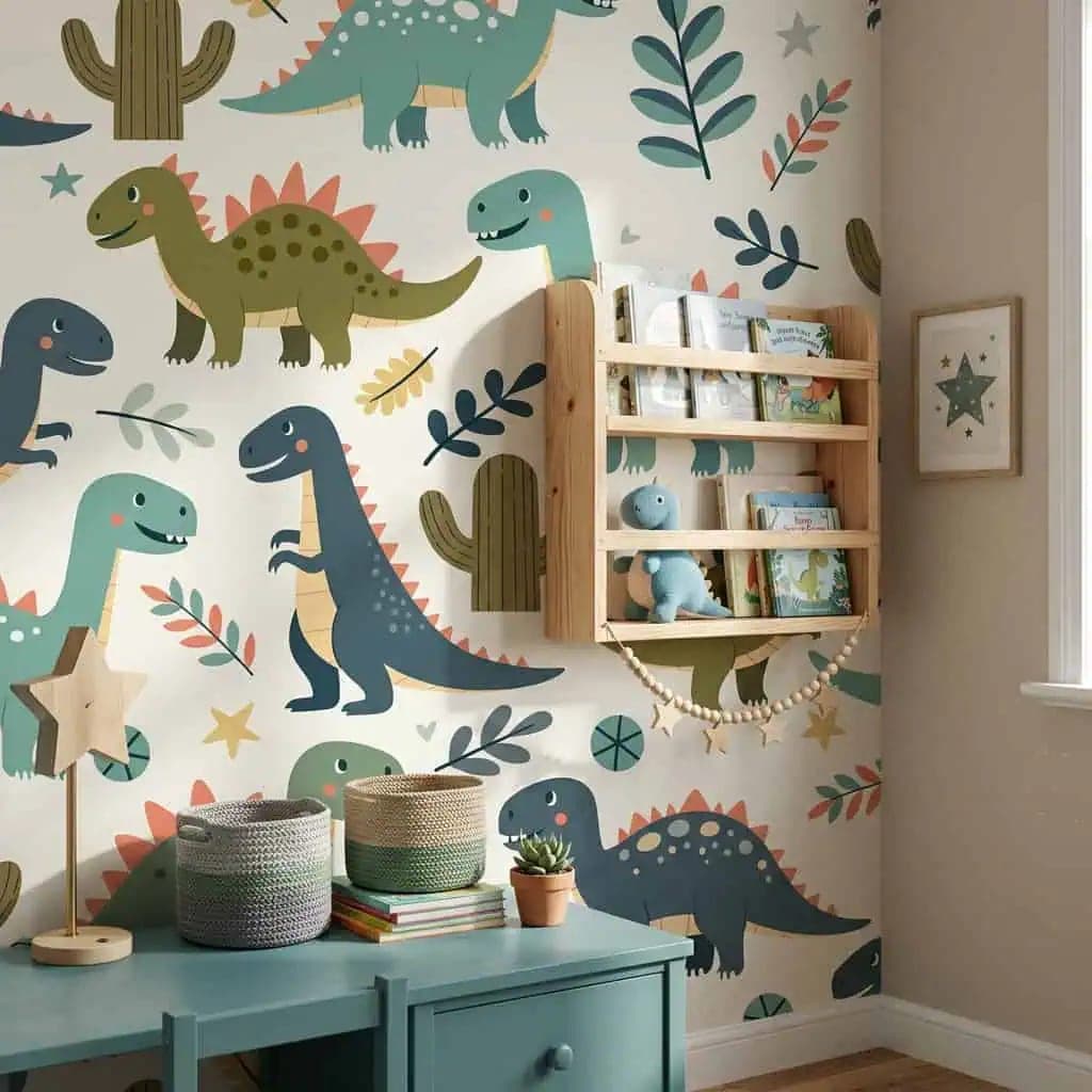 dino groen, blauw en mosterd op crème achtergrond behang op maat in beige