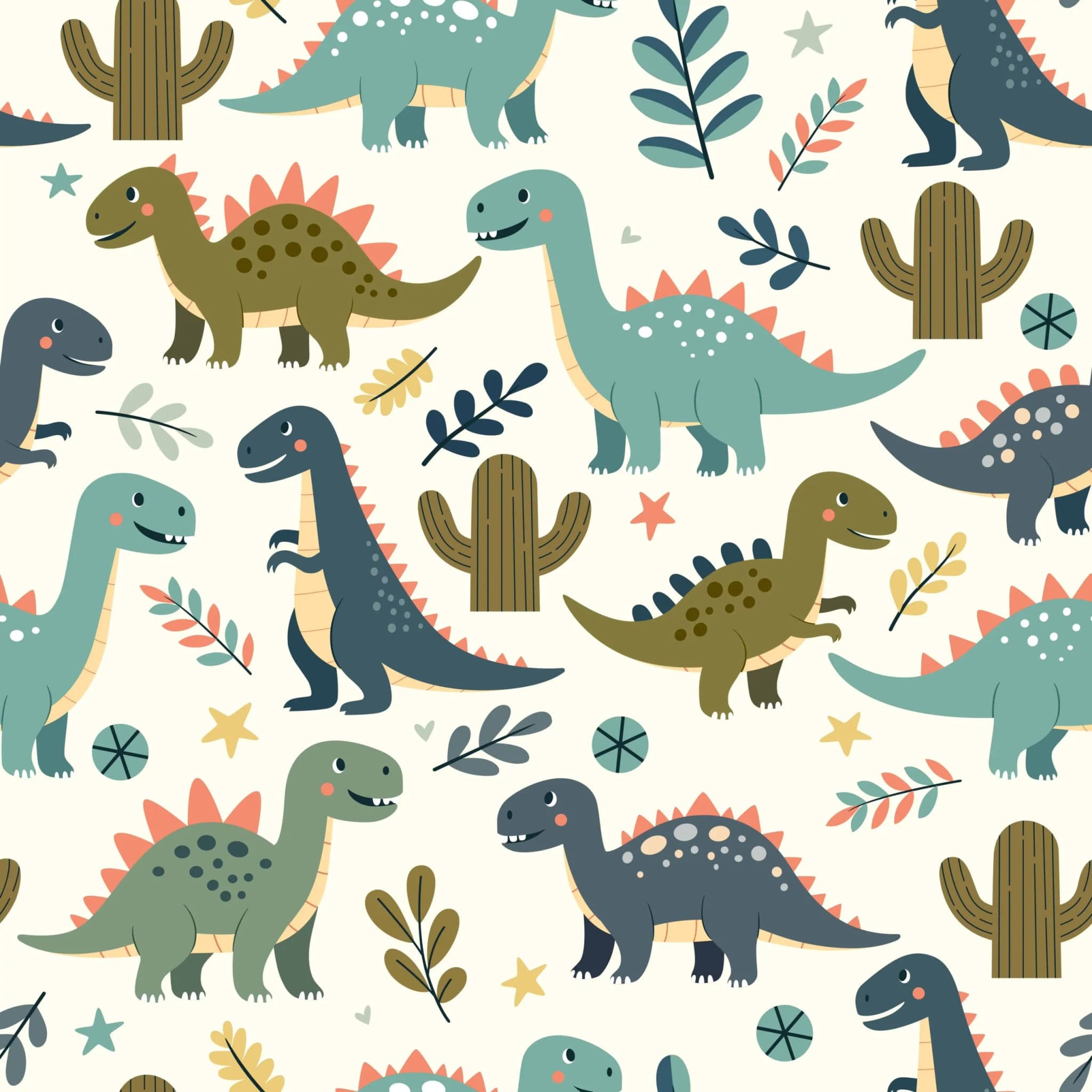 Dino Behang in Groen, Blauw en Mosterd op Crème Achtergrond