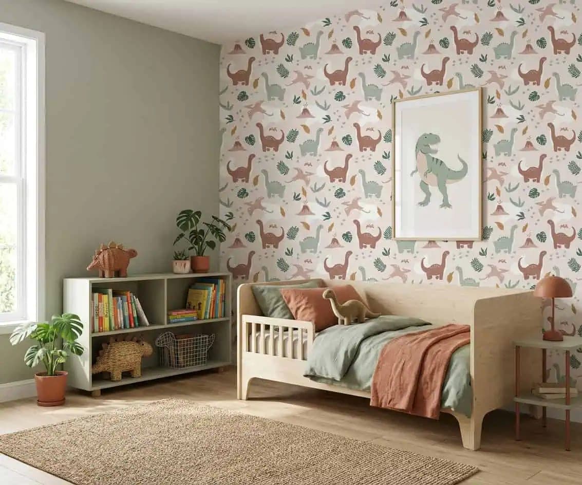 vrolijke dino’s groen en taupe op crème behang op maat in beige