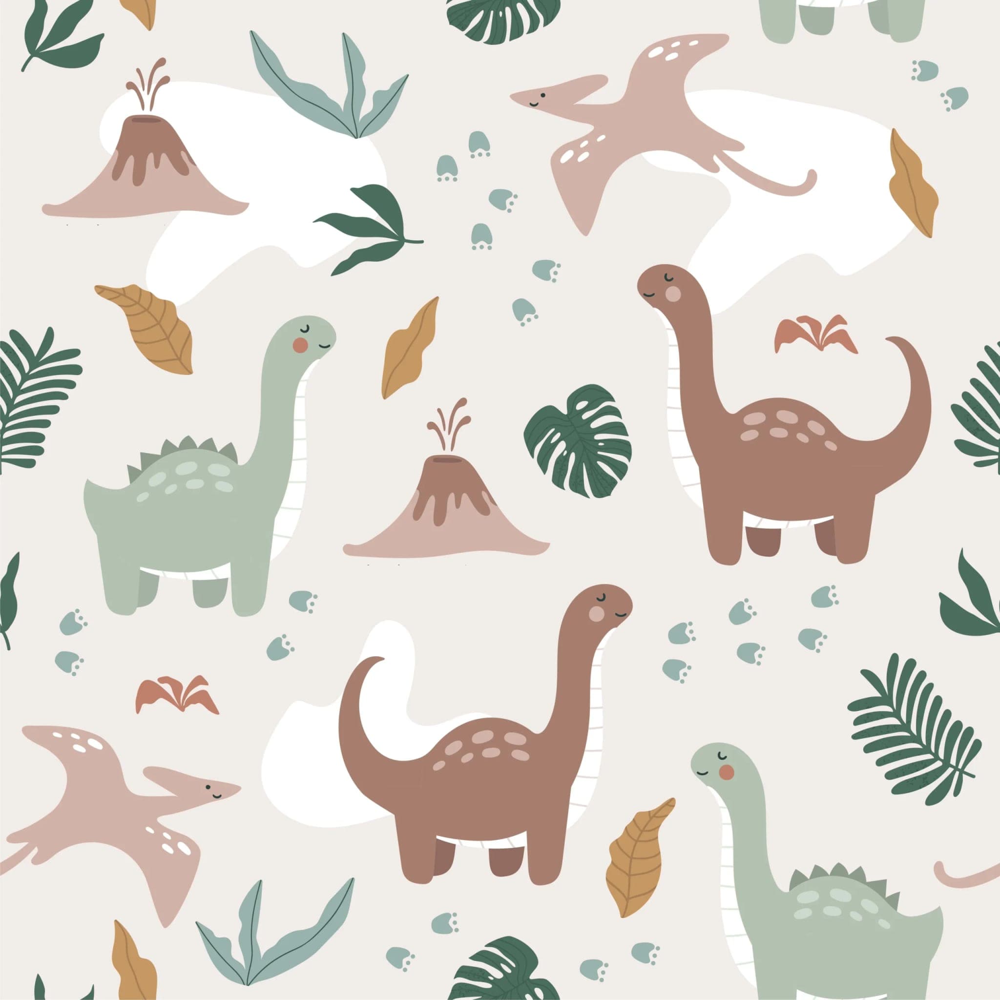 Behang met Vrolijke Dino’s in Groen en Taupe op Crème