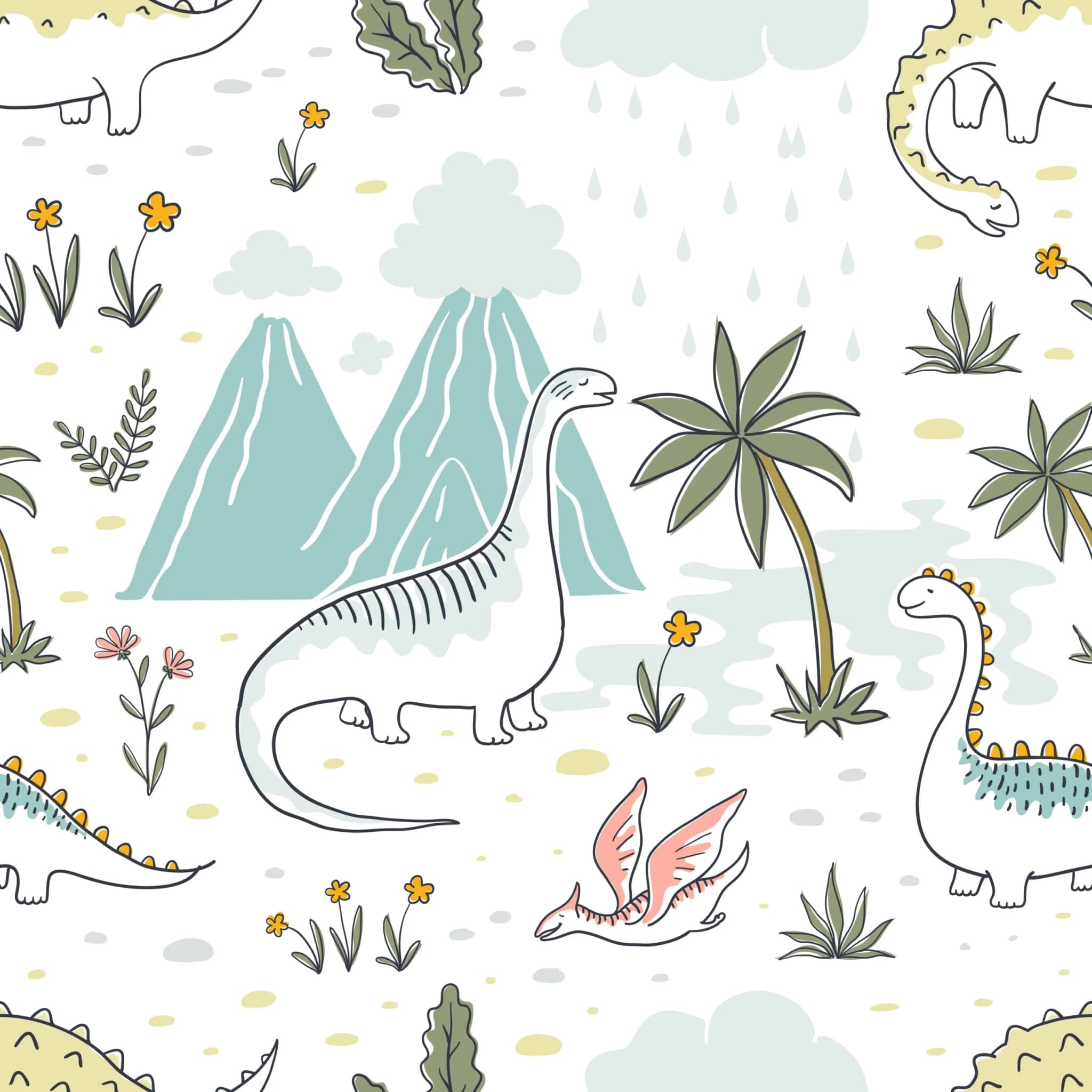 Dino Behang met Palmbomen en Bergen in Zacht Groen en Geel