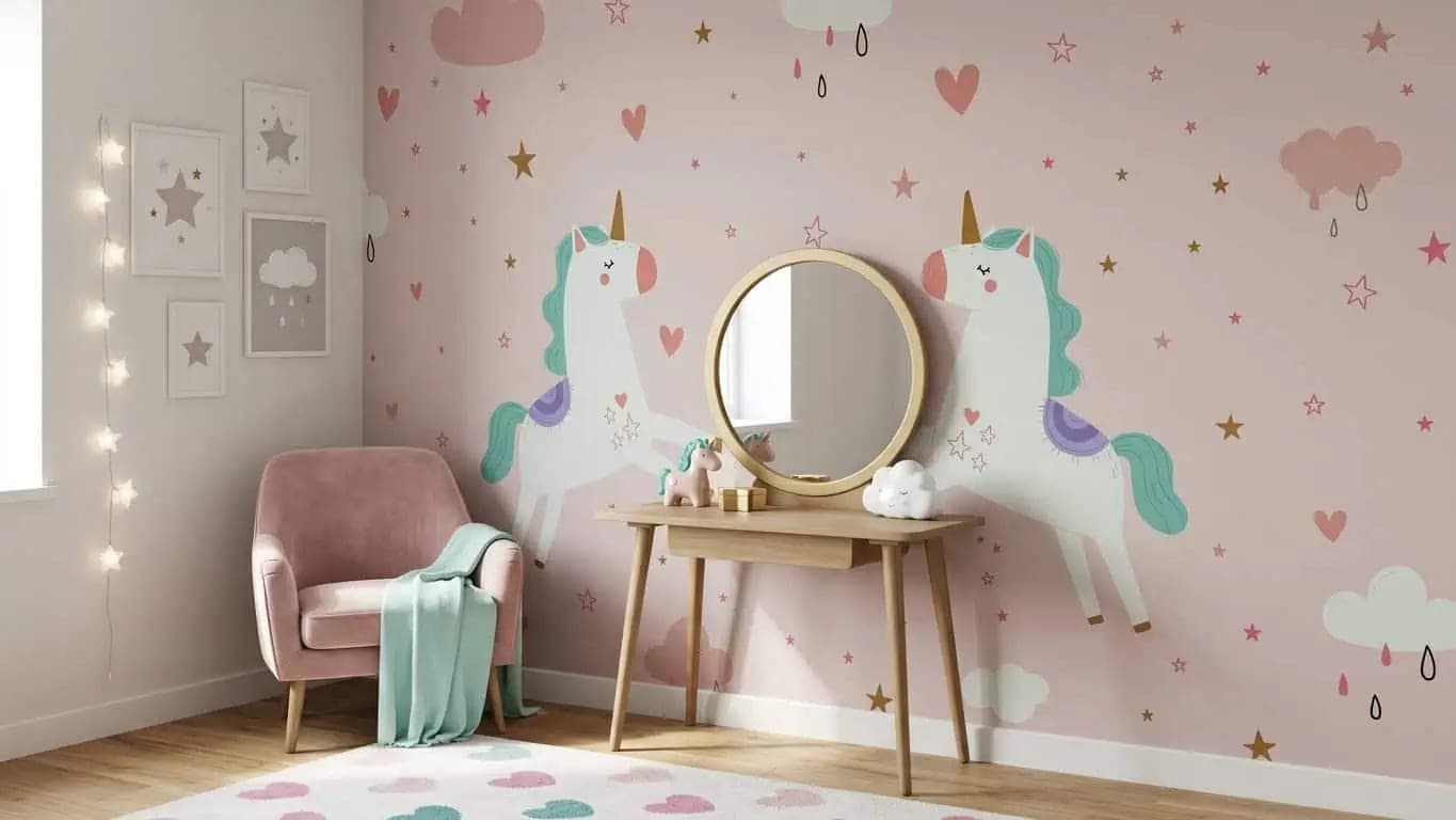 eenhoorns pastelwolken en sterren op roze behang op maat