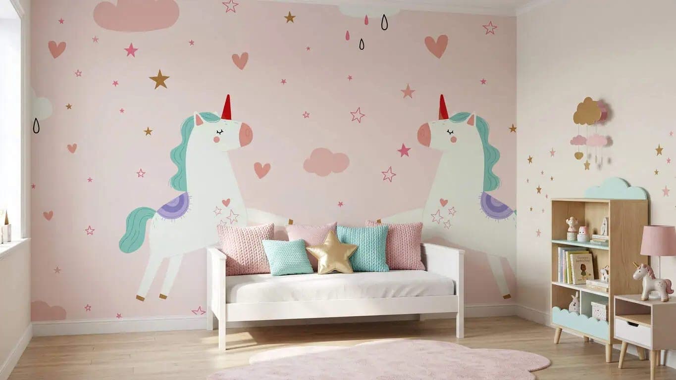 naadloos eenhoorns pastelwolken en sterren op roze behang op maat