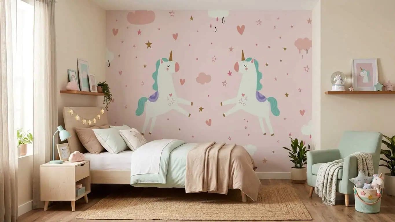 eenhoorns pastelwolken en sterren op roze behang — naadloos op maat geprint