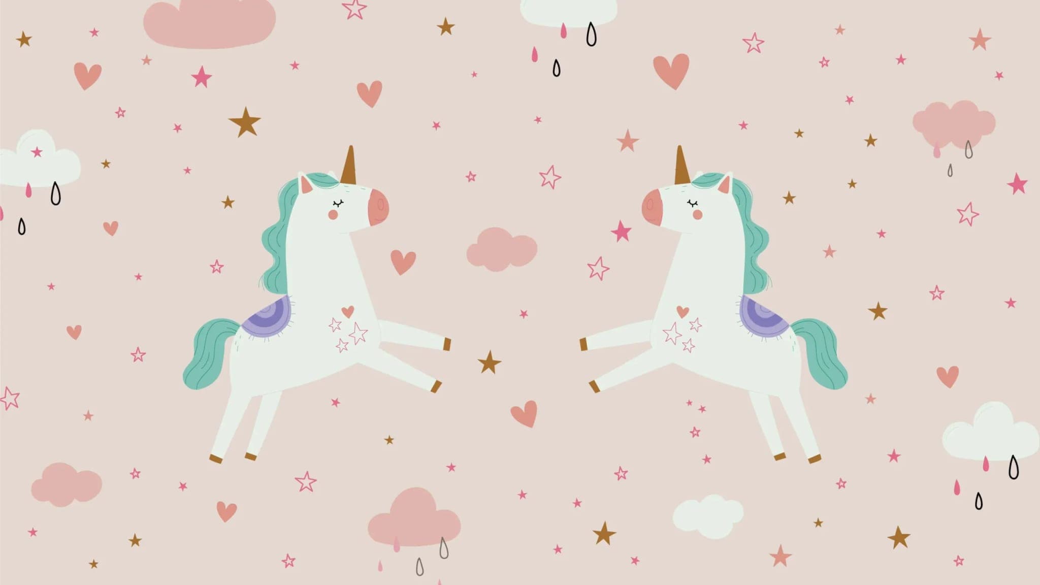 Fotobehang Eenhoorns met Pastelwolken en Sterren op Roze