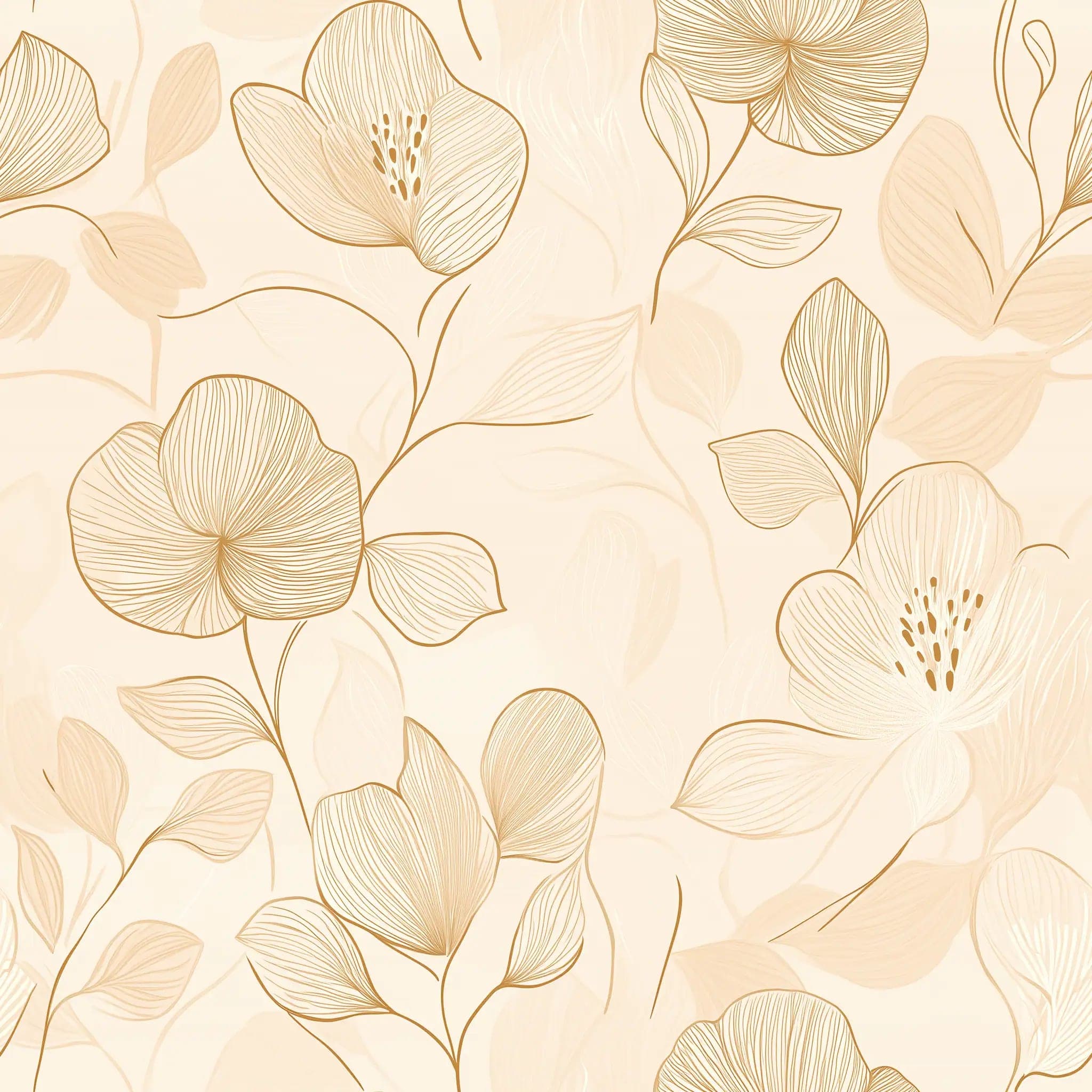 Elegant Bloemen Behang in Beige met Gouden Lijnen