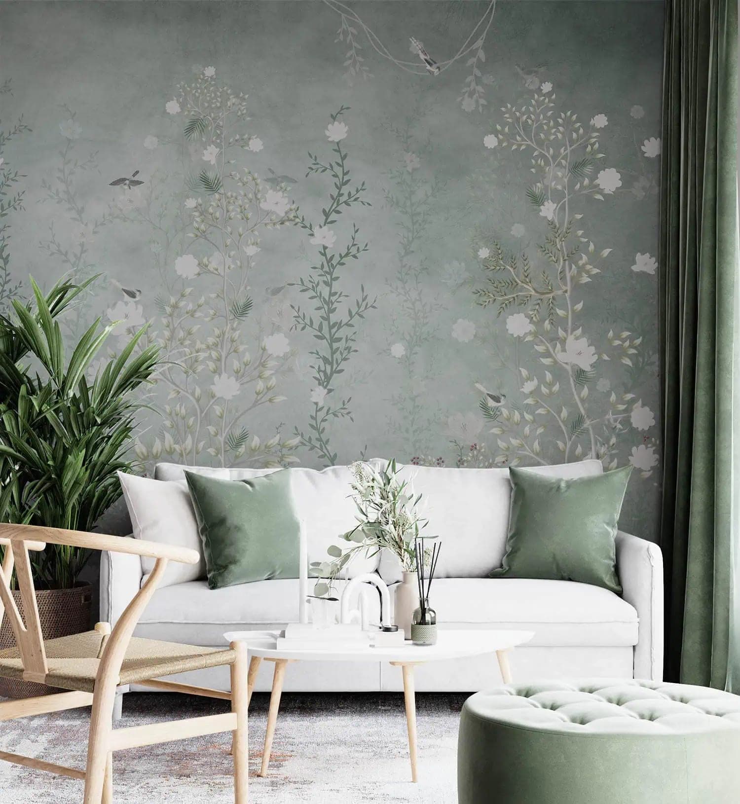 zachte groene bloementuin vogels behang — naadloos op maat geprint