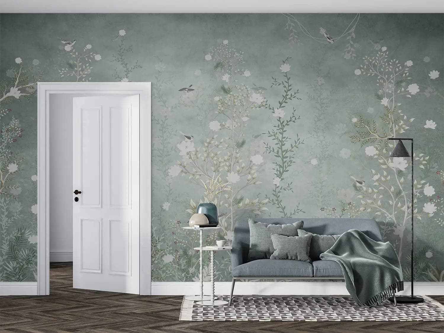 zachte groene bloementuin vogels behang op maat
