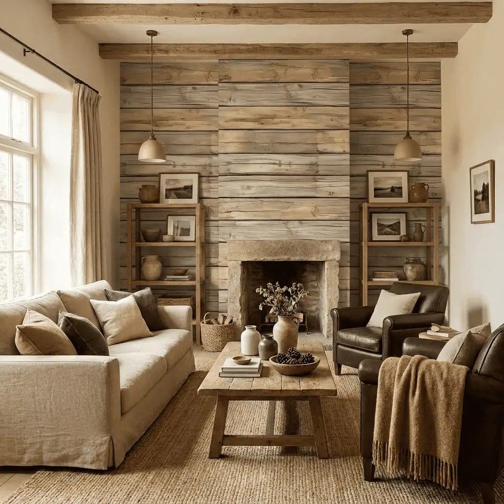 rustiek houtlook brede zandkleurige planken behang in beige — naadloos op maat geprint