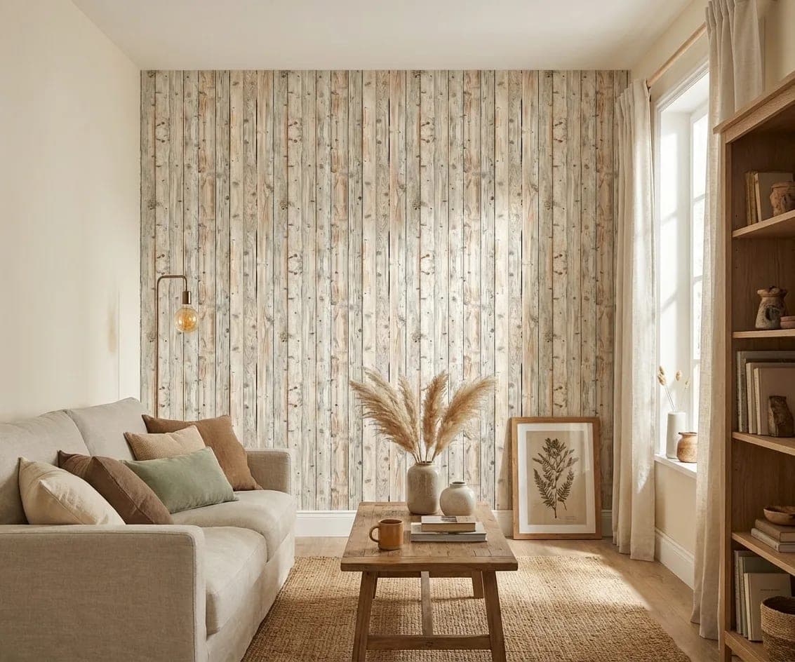 houtlook zandkleurige planken en natuurlijke noesten behang op maat in beige