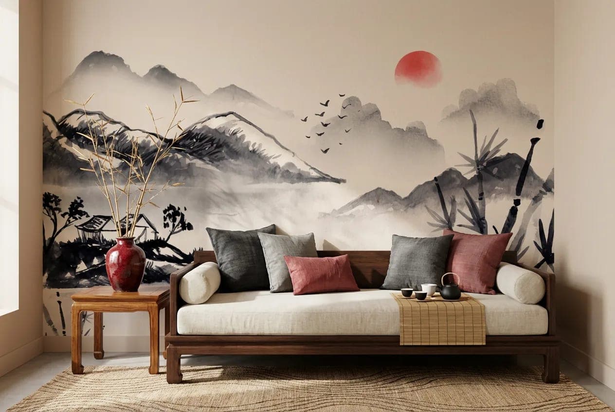 naadloos japans berglandschap rood zon en bamboe behang op maat