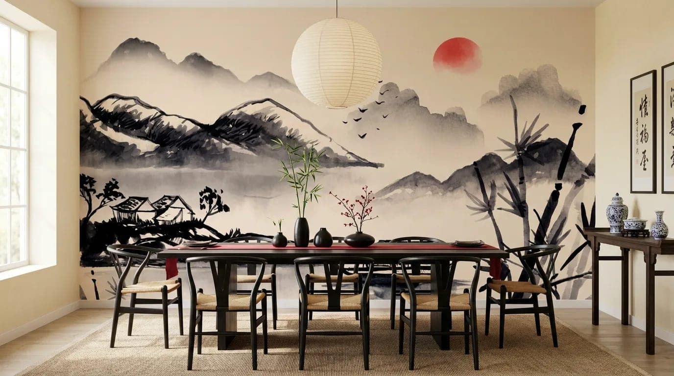 japans berglandschap rood zon en bamboe behang in grijs — naadloos op maat geprint