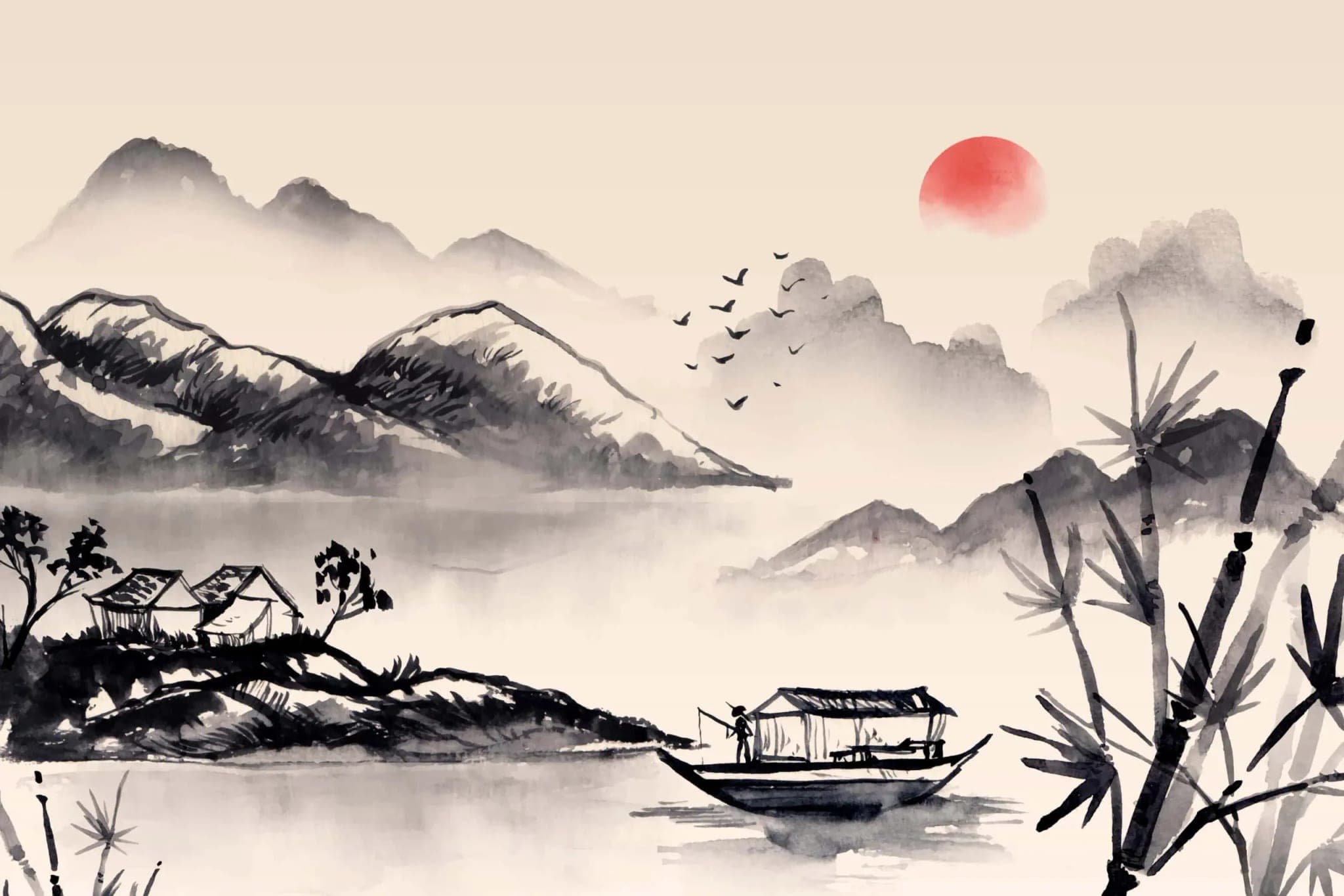 Fotobehang Japans Berglandschap met Rood Zon en Bamboe