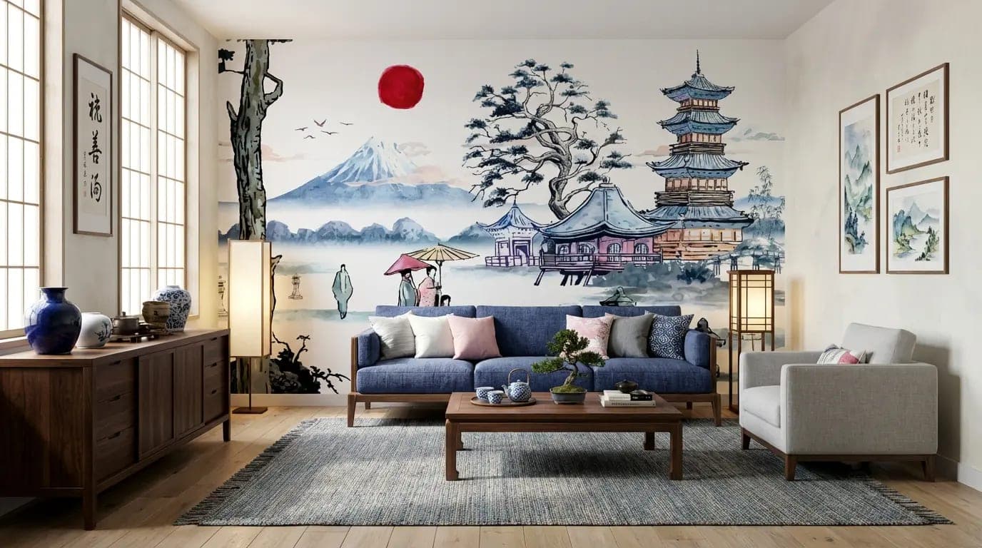 japans berglandschap rode zon en pagode behang op maat in blauw en wit