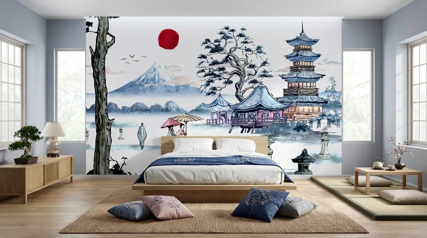 naadloos japans berglandschap rode zon en pagode behang op maat