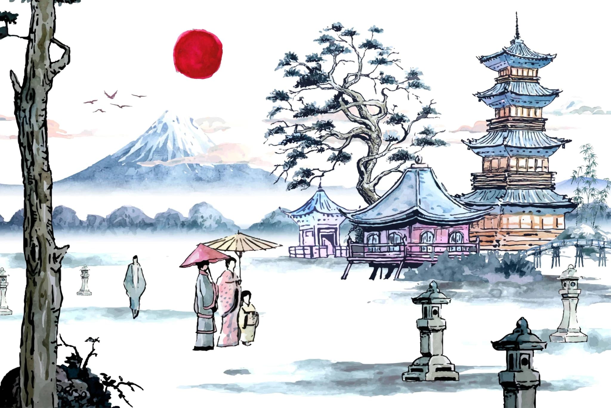 Fotobehang Japans Berglandschap met Rode Zon en Pagode