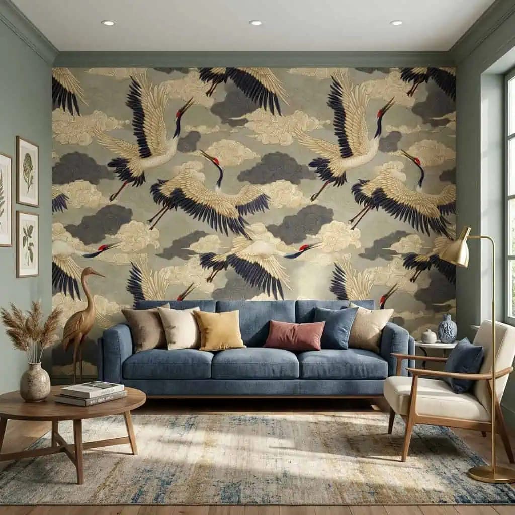 japans kraanvogels gouden wolken op grijze lucht behang op maat in grijs