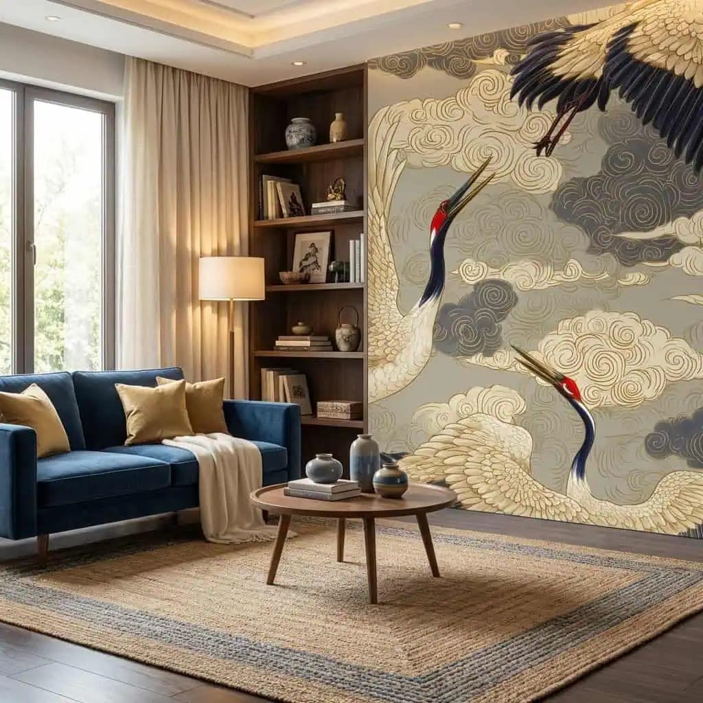 naadloos japans kraanvogels gouden wolken op grijze lucht behang op maat