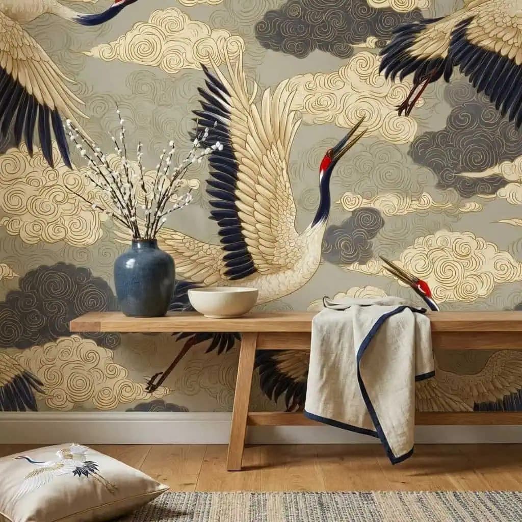 japans kraanvogels gouden wolken op grijze lucht behang in grijs