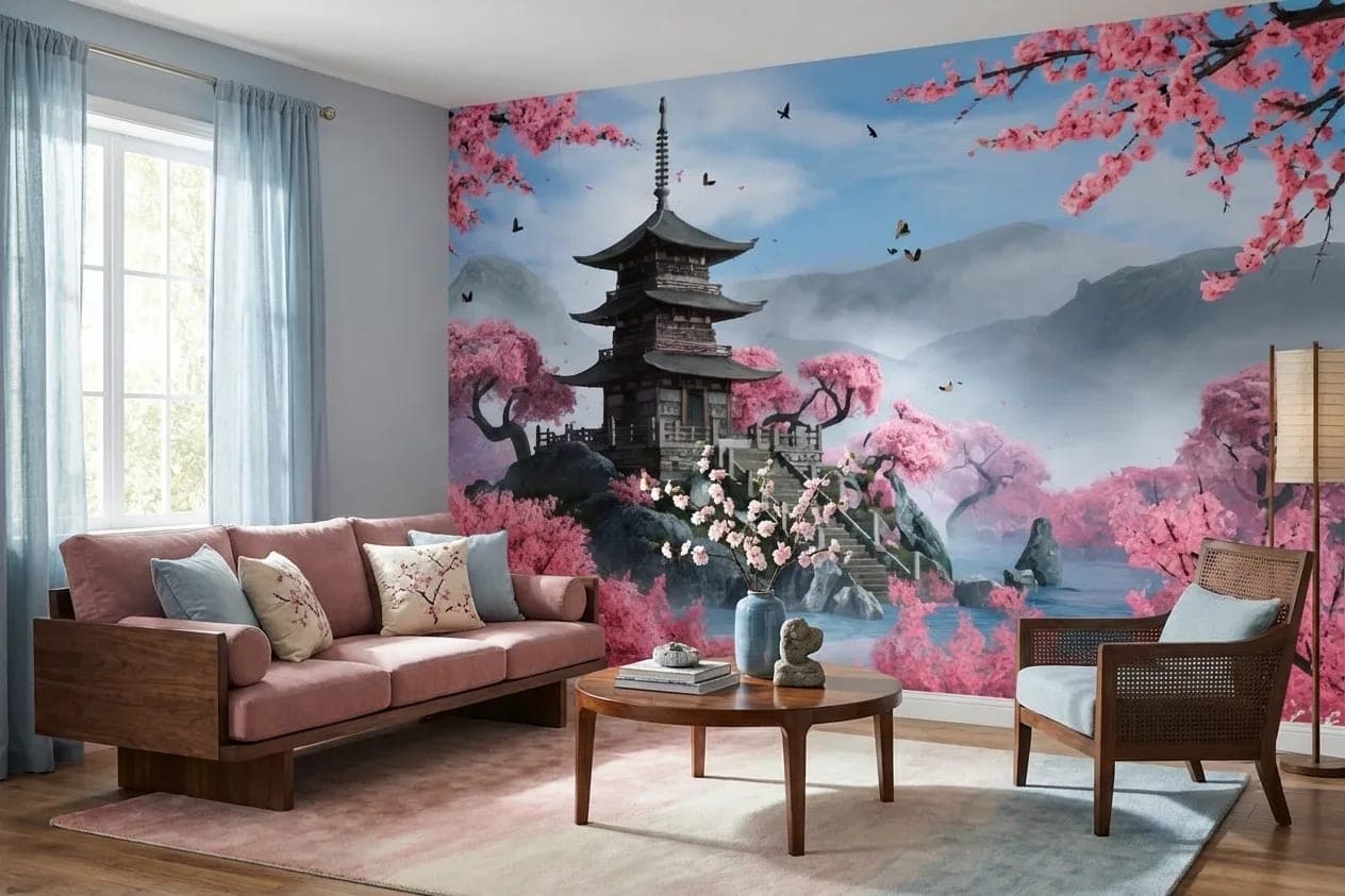 japanse pagode sakura bloesems en bergen behang op maat in roze
