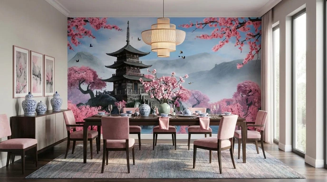 japanse pagode sakura bloesems en bergen behang in roze — naadloos op maat geprint