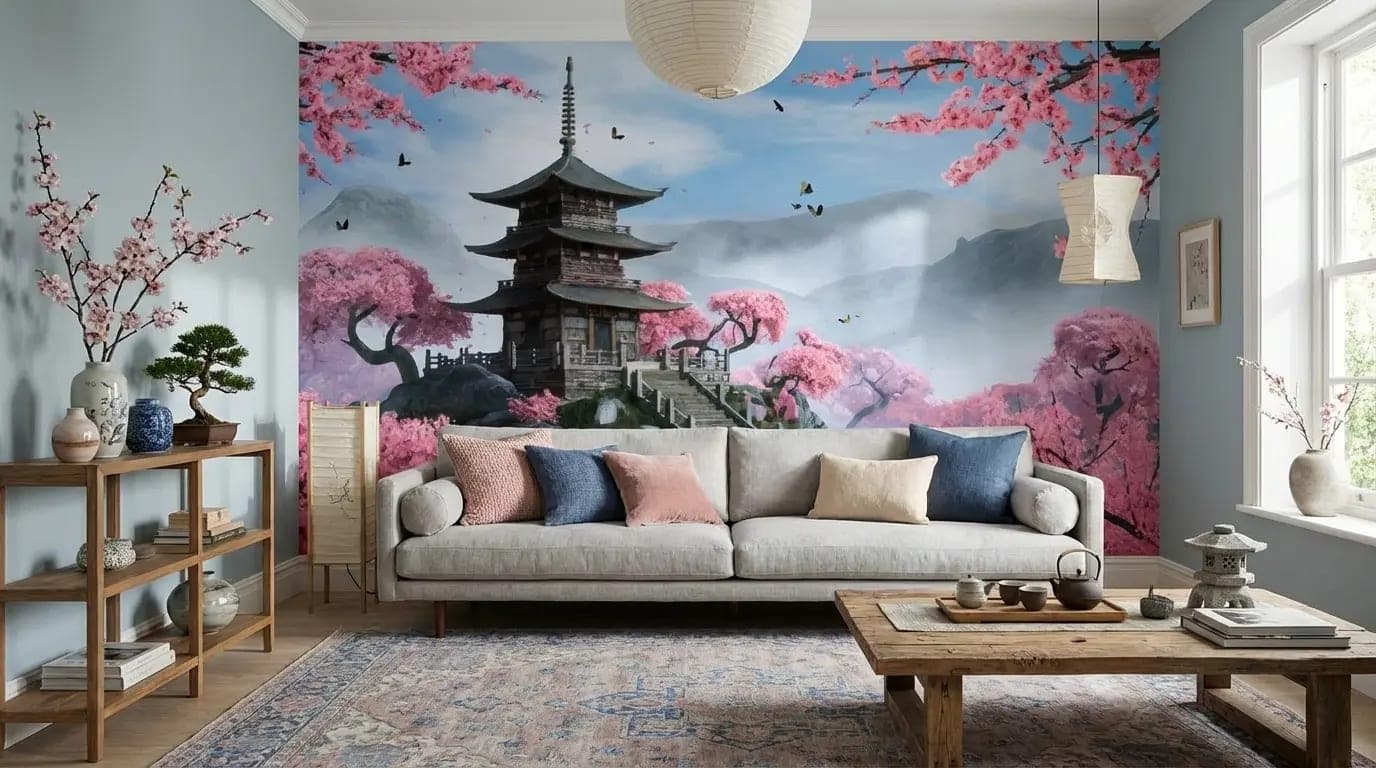 japanse pagode sakura bloesems en bergen behang in roze