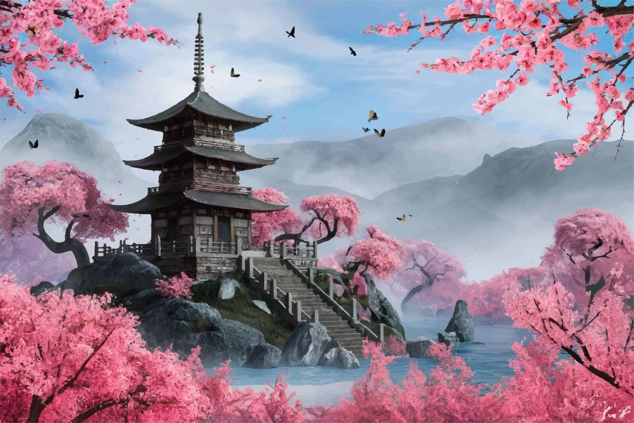 Fotobehang Japanse Pagode met Sakura Bloesems en Bergen