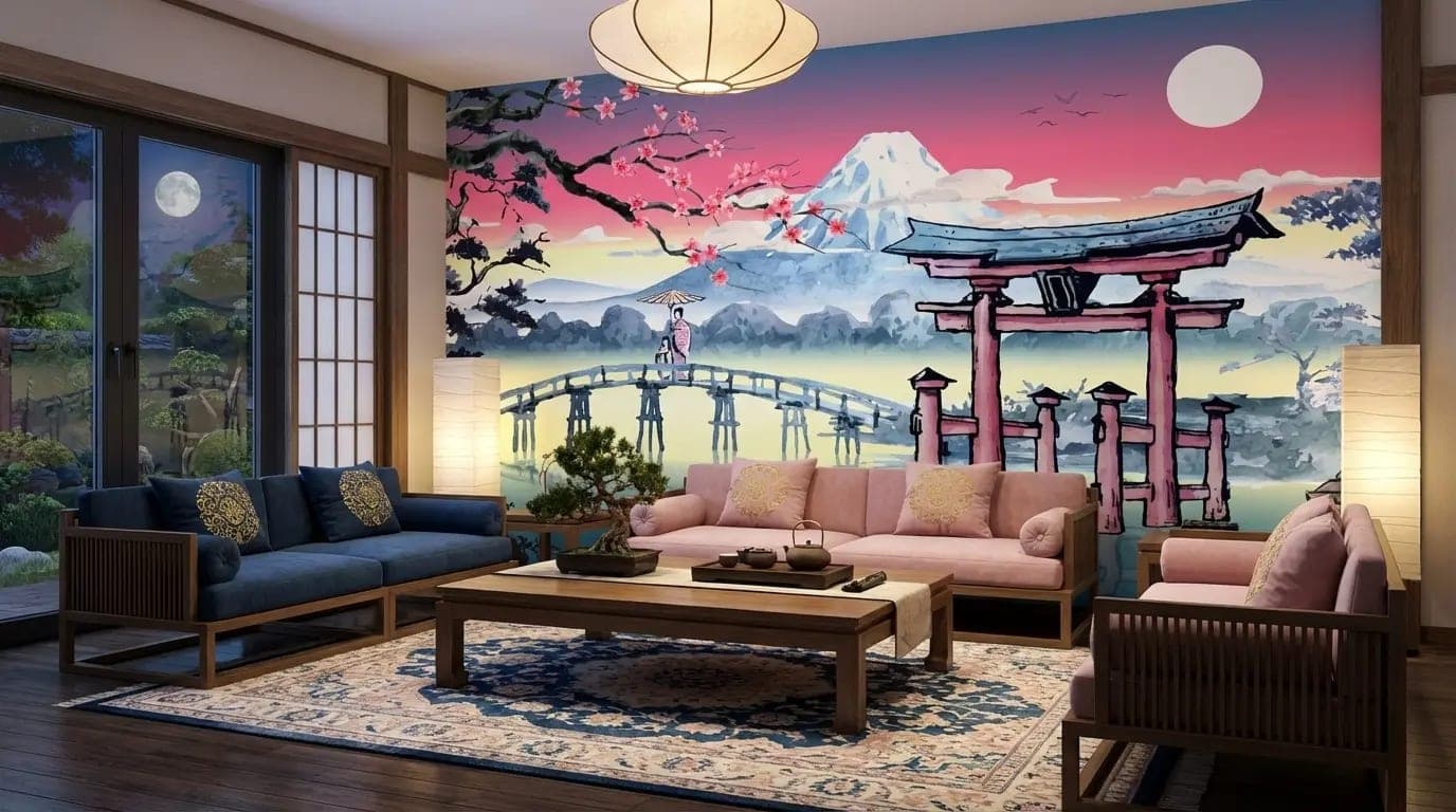 naadloos japans landschap torii poort en berg fuji zonsopgang behang op maat