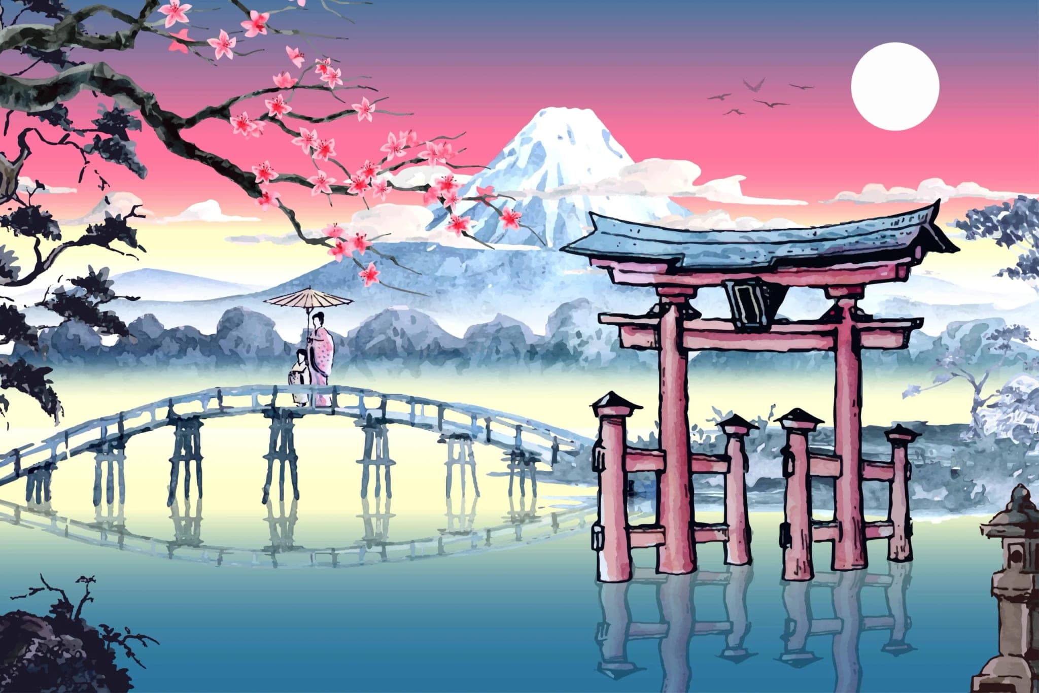 Fotobehang Japans Landschap met Torii Poort en Berg Fuji in Zonsopgang