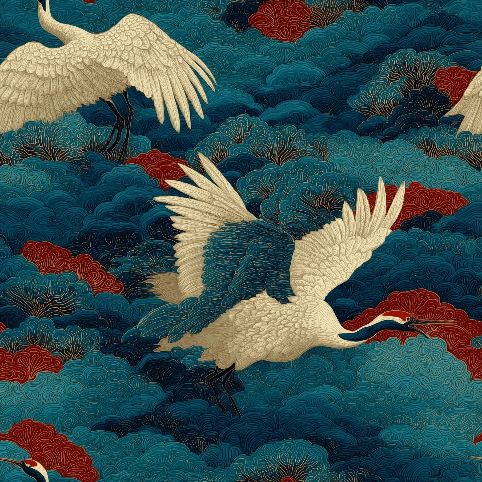 Japans Kraanvogels Behang met Botanische Bladeren