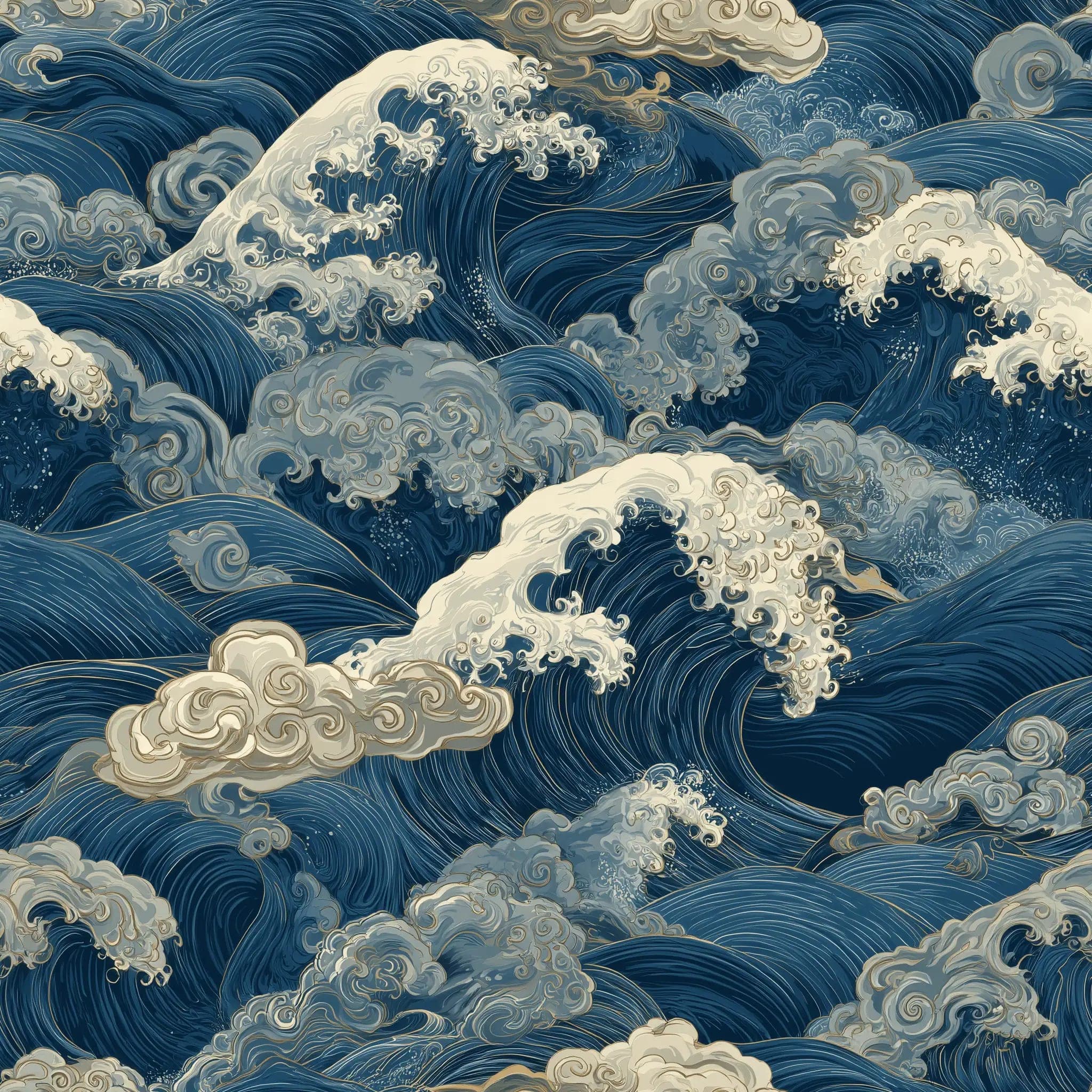 Japans Oceaangolven Behang in Diepblauw
