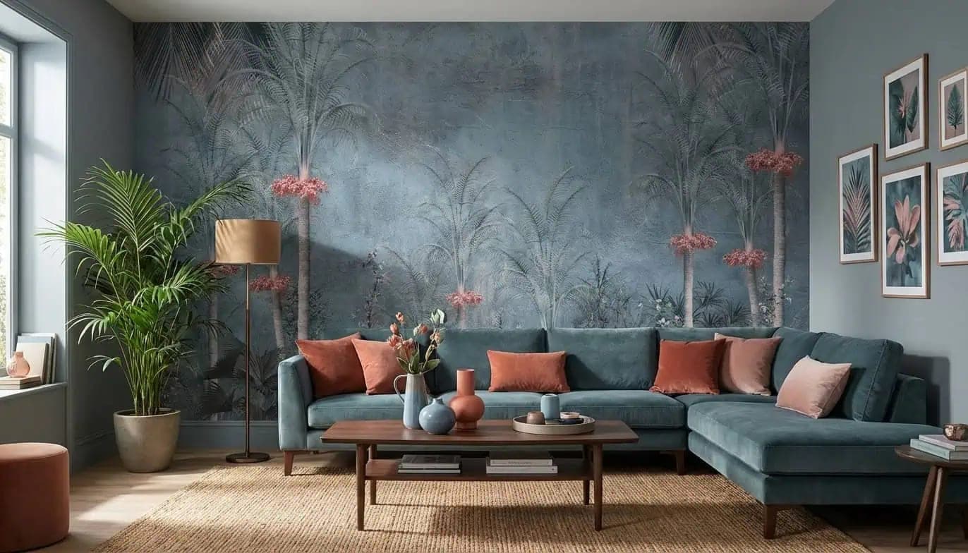 blauwgrijze jungle palmen en roze bloesems behang op maat in grijs