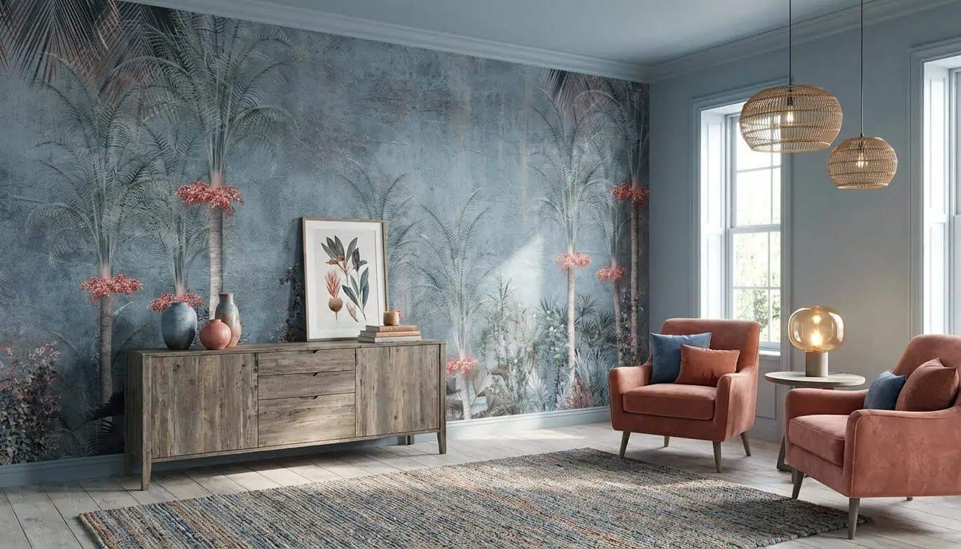 naadloos blauwgrijze jungle palmen en roze bloesems behang op maat