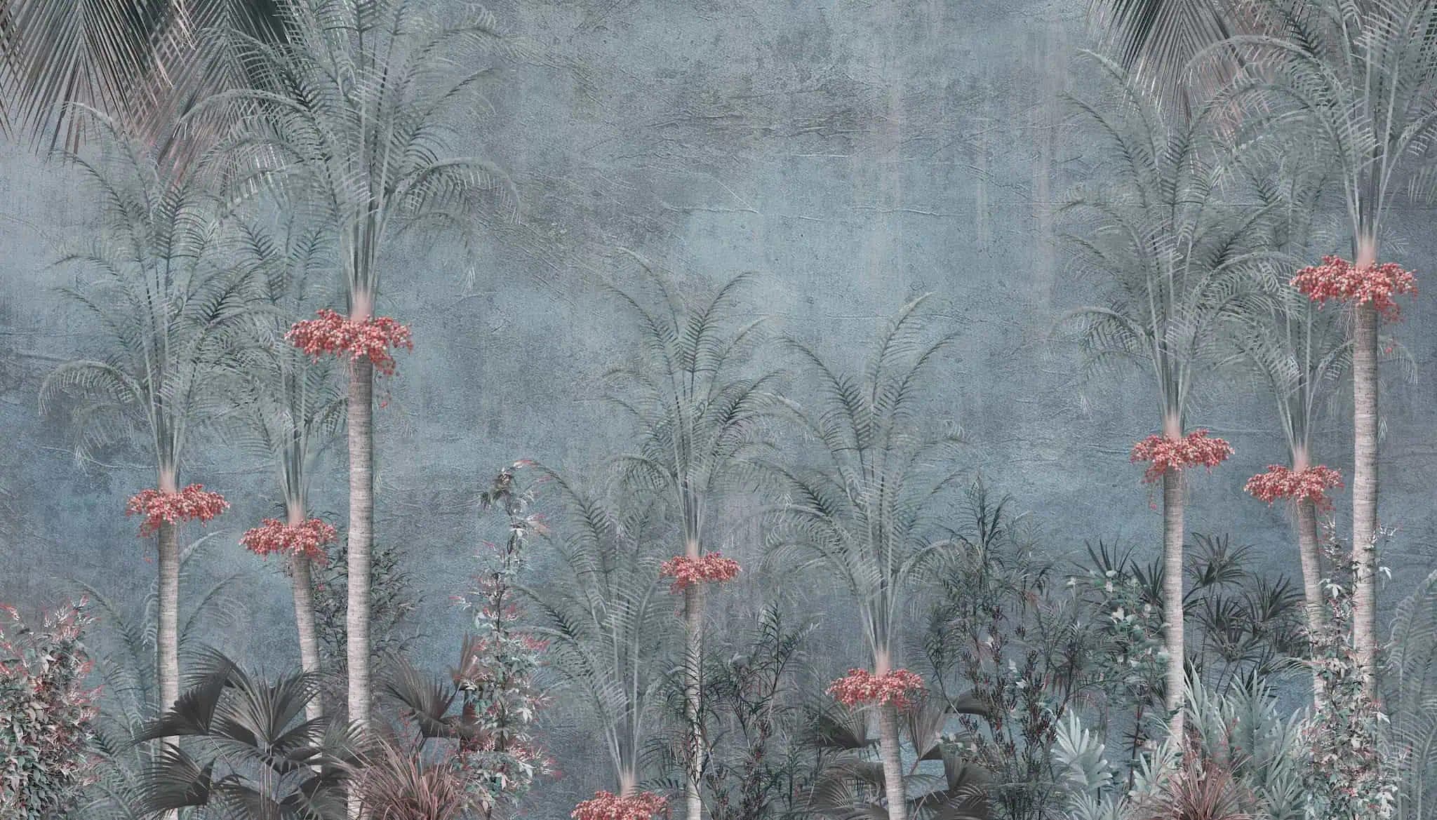 Fotobehang Blauwgrijze Jungle met Palmen en Roze Bloesems