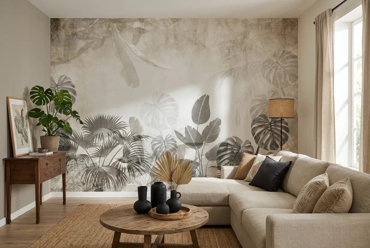naadloos botanische jungle mistige grijstinten behang op maat