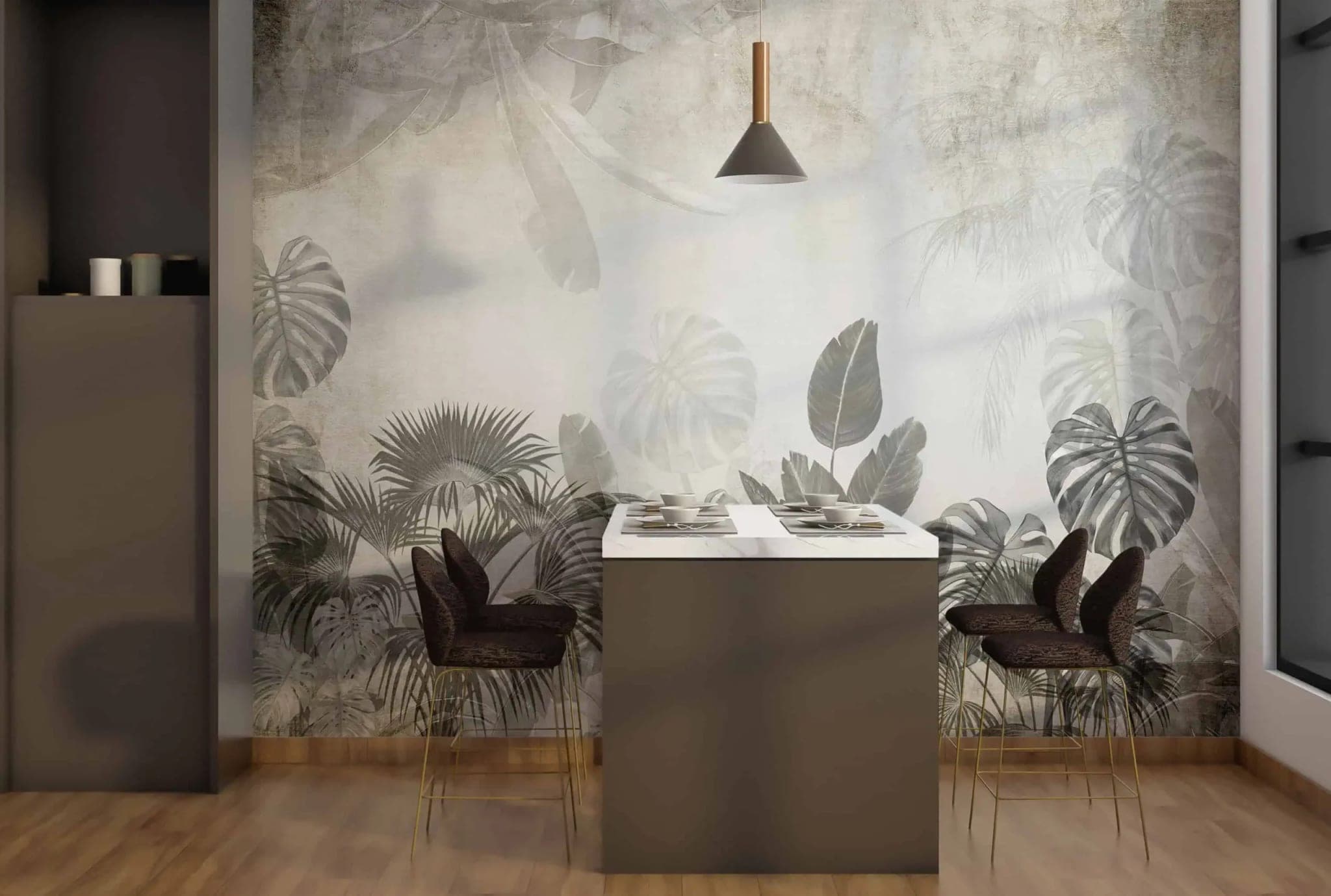 botanische jungle mistige grijstinten behang op maat