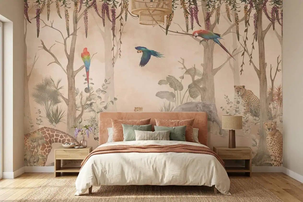 jungle cheetah, giraffe en papegaaien zandkleur behang op maat in beige