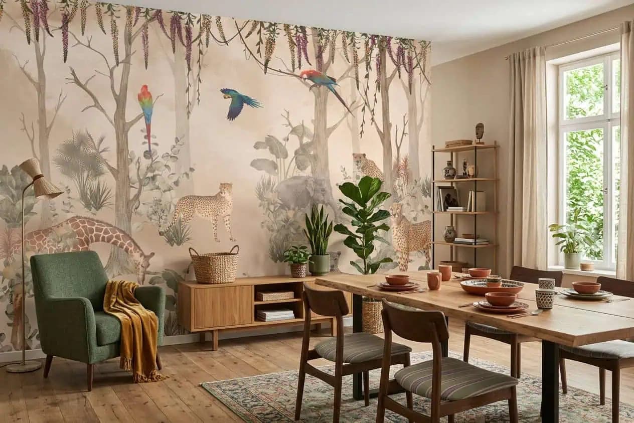 naadloos jungle cheetah, giraffe en papegaaien zandkleur behang op maat