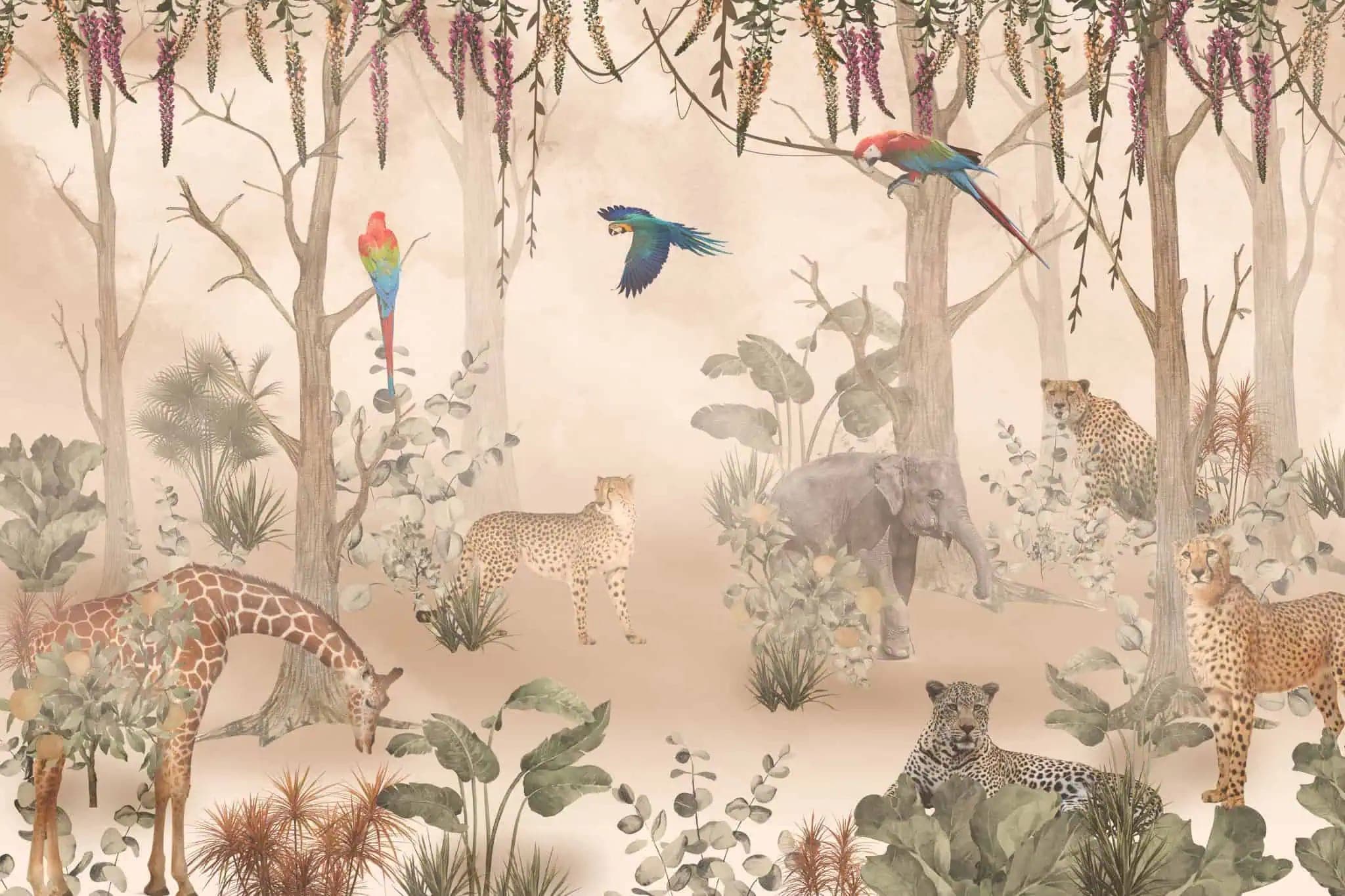 Fotobehang Jungle met Cheetah, Giraffe en Papegaaien in Zandkleur
