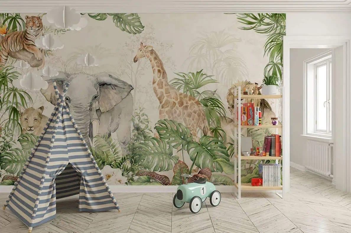jungle dieren aquarel olifant, leeuw en giraffe behang op maat in groen